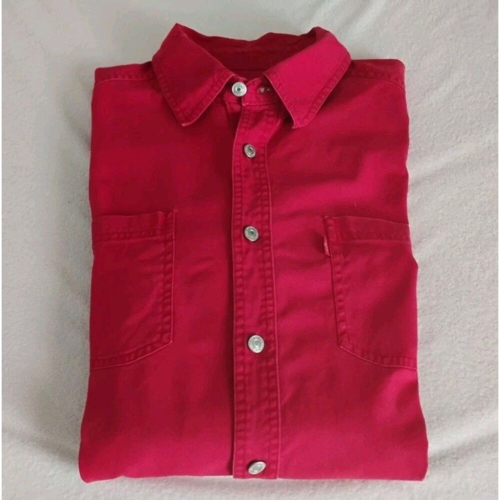 Vtg 90s Levi’s Jeans Shirt Men's Metal Button Red Twill Sz L Farm Ranch Western
